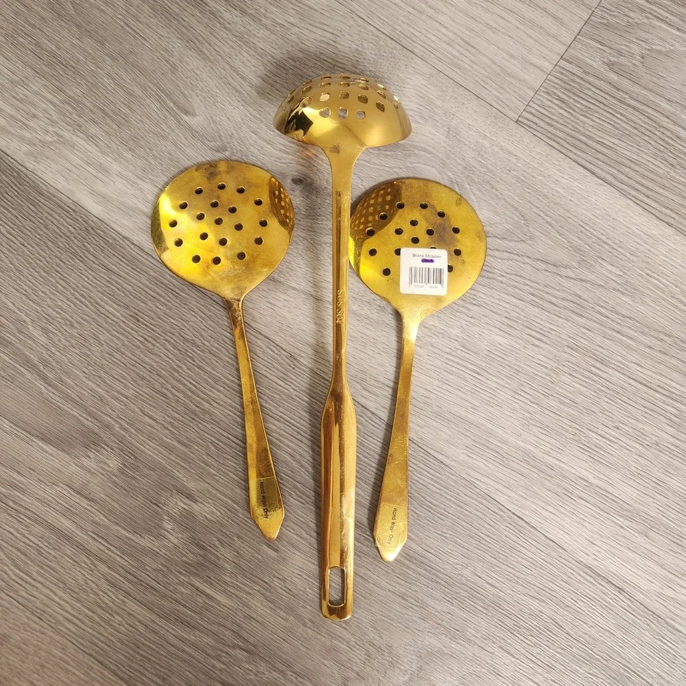 Never Used.  Brass Gold Tone Metal Slotted Spoons Skimmers Ladle Kitchen Gadgets